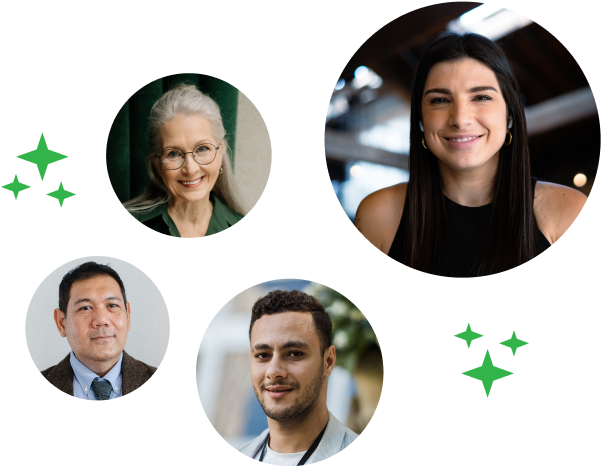 4 fotos en círculos; Una mujer joven sonriente de pelo oscuro, una señora de la tercera edad sonriente, un señor en traje sonriente y un muchacho joven sonriente